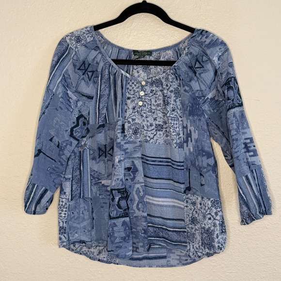 Lauren Ralph Lauren Tops - Lauren Ralph Lauren Blue Patchwork Cotton Peasant Blouse Women Medium Boho Indie